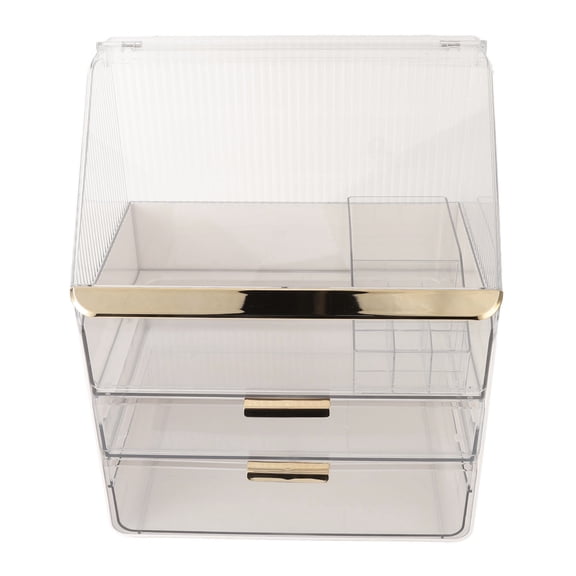 M Buder Multi Layer Transparent Makeup Storage Container Box with Lipstick Holder, Dustproof 3-Tier Cosmetic Organizer for Vanity, 16.9 in / 43 cm, Clear