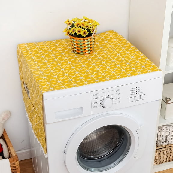 M Buder Multi-Purpose Yellow Geometric Checkered Cotton Linen Dustproof Cover for Fridge and Washing Machine (51 x 21 inches / 130 x 55 cm)