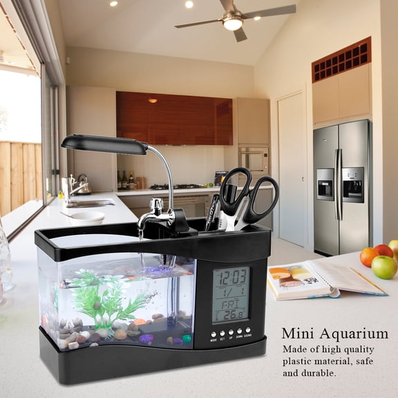 M Buder Multifunctional USB Rechargeable Mini Fish Tank Aquarium with Clock LED Light, Black, 10.43 inches