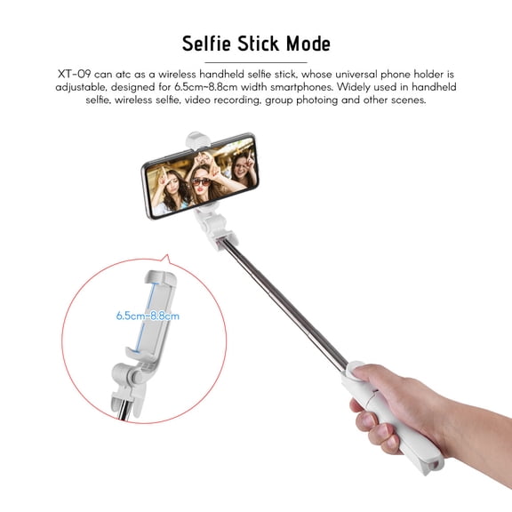 M Buder Portable 5-Section Selfie Stick with Tabletop Tripod Base, Bluetooth Remote Control and Adjustable Phone Clamp for 2.56-3.46 Inch Smartphones, 26.8-Inch Max Length, White