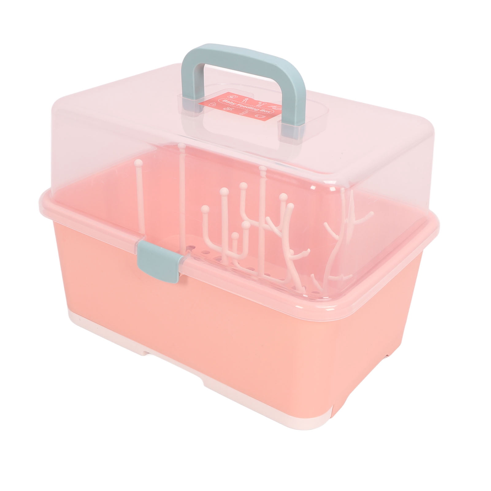 M Buder Portable Baby Bottle Drying Rack Storage Box with Dust Cover, High Capacity Infant Dinnerware Organizer, Implicit Pink