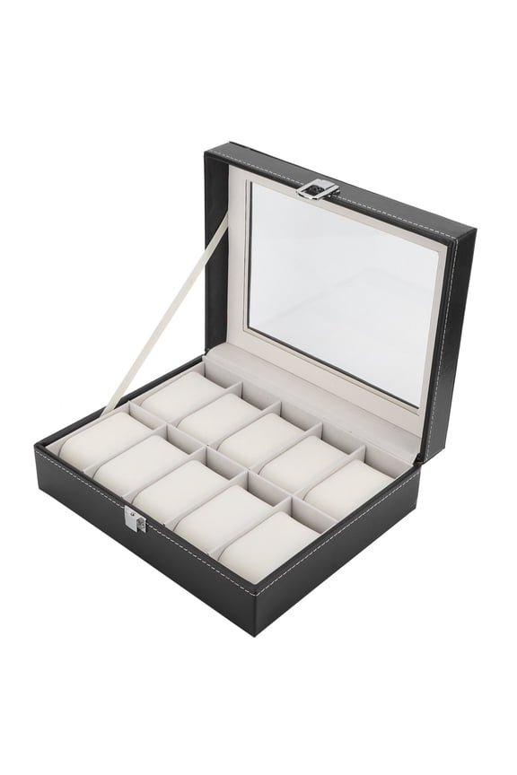 Portable PU Leather Watch Box 10 Slots Jewelry Display Case Storage Holder for Watches and Accessories, Elegant Black Organizer (Unisex, 9.8 inches / 25 cm)