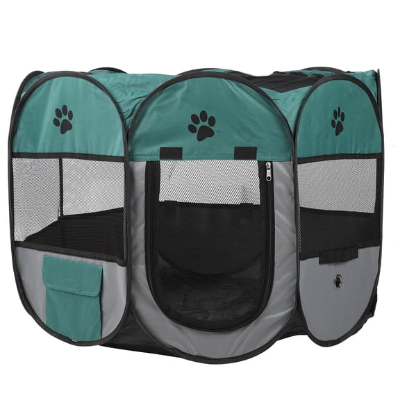 M Buder Portable Pet Playpen Folding Dog Cat House Cage Outdoor Pet Delivery Room Tent, Green Grey without Kettle Toys, Size Small, 16.93 x 12.99 x 2.36 inches / 43x33x6 cm