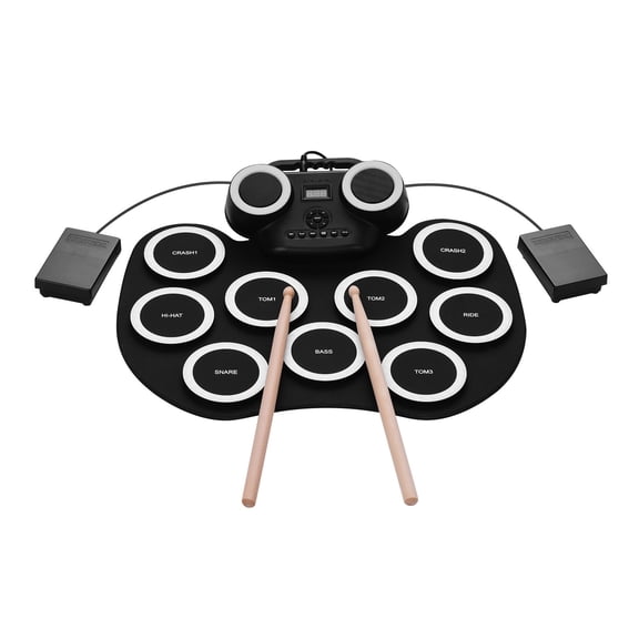 M Buder Portable Roll Up Electronic Drum Pad Silicon Digital Drum Set with Built-in Speakers, Foot Pedals, Headphone Monitoring, and Colorful LED Light for Beginner to Professional Musicians