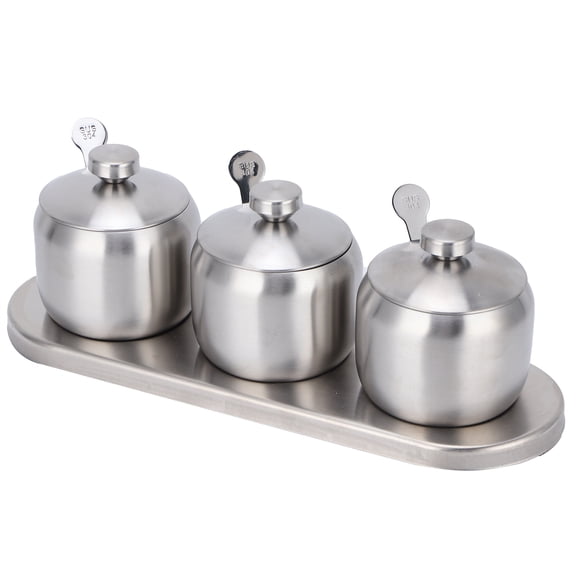 M Buder Premium 304 Stainless Steel Seasoning Pot Set, Elegant Condiment Spice Salt Sugar Pepper Bottle Container Storage Jars with Lids, Spoons, and Base Plate for Home Kitchen Organization