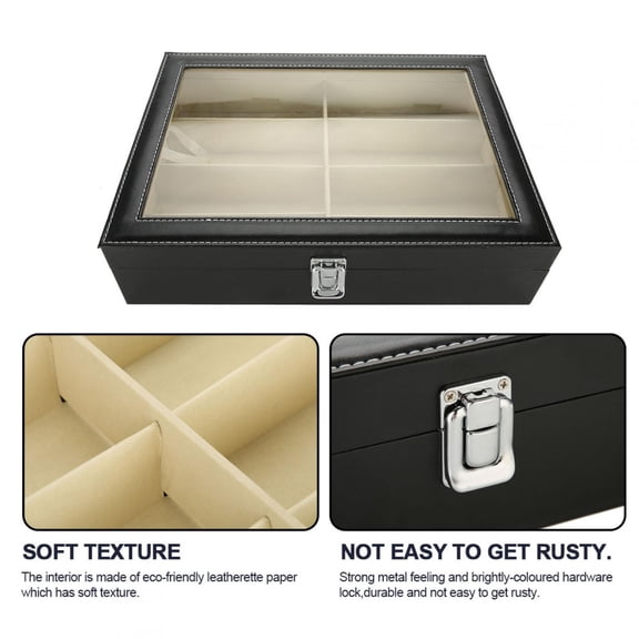 M Buder Premium 8 Grids Sunglasses Storage Display Case, Black PU Leather Organizer Box with Transparent Cover and Metal Lock, Dustproof Eyeglass Holder for Men and Women, 13.18 inches / 33.5 cm