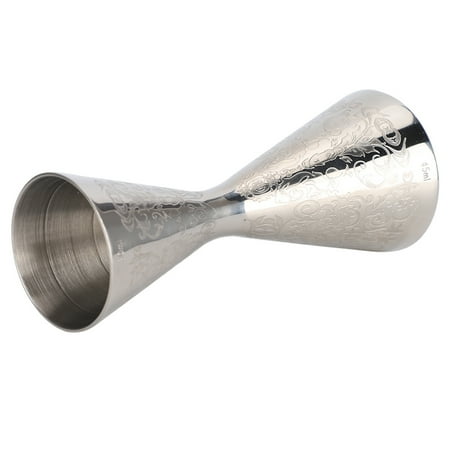 M Buder Premium Stainless Steel Jigger with Etched Pattern, Dual Measuring Cup 1 oz / 30 ml and 1.5 oz / 45 ml Japanese Style Shot Measure for Craft Cocktails and Home Bar Bartending Accessories