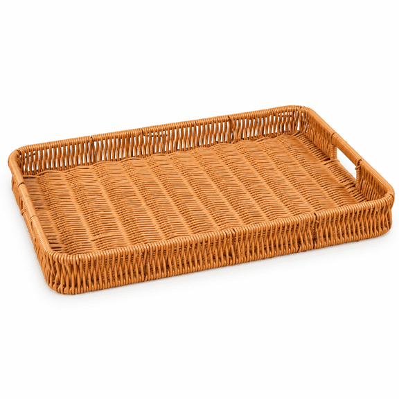 M Buder Faux Rattan Serving Basket Tray with Handles, Rectangle Decorative Woven Plastic Fruit Platter for Kitchen Dessert & Home Decor