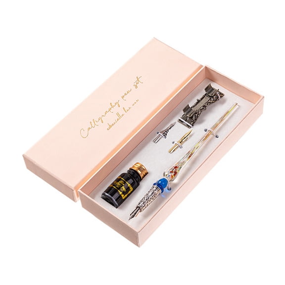 M Buder Retro Glass Dip Ink Pen Set Calligraphy Crystal Writing Signature Pen with 2 Nibs, Ink Bottle and Holder in Gift Box for Handwriting Student Friends Lovers, 8.19 inches / 21 cm