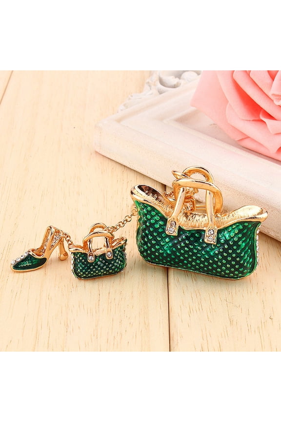 Rhinestone Crystal Keyring Charm Pendant Purse Key Chain Accessory Gift Set, Green, 3 Count, 7.28 inches / 18.5 cm