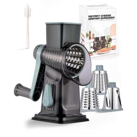 M Buder Rotary Cheese Grater with 3 Interchangeable Blades, Hand Crank Cheese Shredder Vegetable Chopper , Mandoline Slicer, Suction Base, Gray