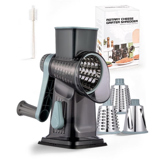M Buder Rotary Cheese Grater with 3 Interchangeable Blades, Hand Crank Cheese Shredder Vegetable Chopper , Mandoline Slicer, Suction Base, Gray