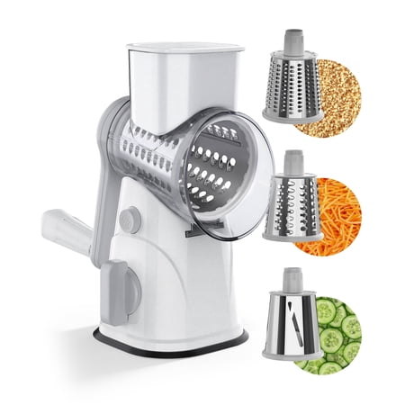 M Buder Rotary Cheese Grater with 3 Interchangeable Blades, Hand Crank Cheese Shredder Vegetable Chopper , Mandoline Slicer, Suction Base, White