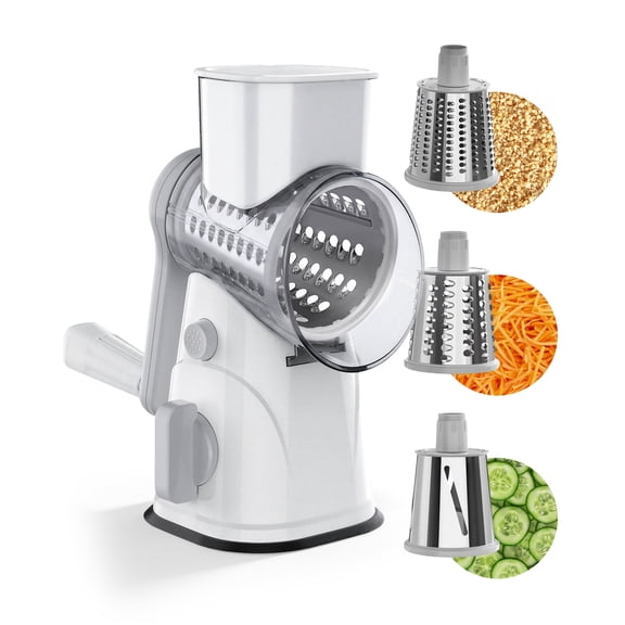 M Buder Rotary Cheese Grater with 3 Interchangeable Blades, Hand Crank Cheese Shredder Vegetable Chopper , Mandoline Slicer, Suction Base, White