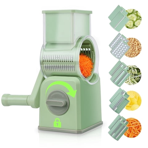 M Buder Rotary Cheese Grater with 5 Interchangeable Blades, Hand Crank Kitchen Cheese Shredder, Mandoline Slicer, Suction Base, Green