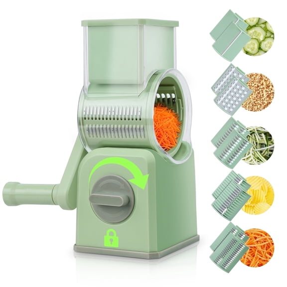 M Buder Rotary Cheese Grater with 5 Interchangeable Blades, Hand Crank Kitchen Cheese Shredder, Mandoline Slicer, Suction Base, Green