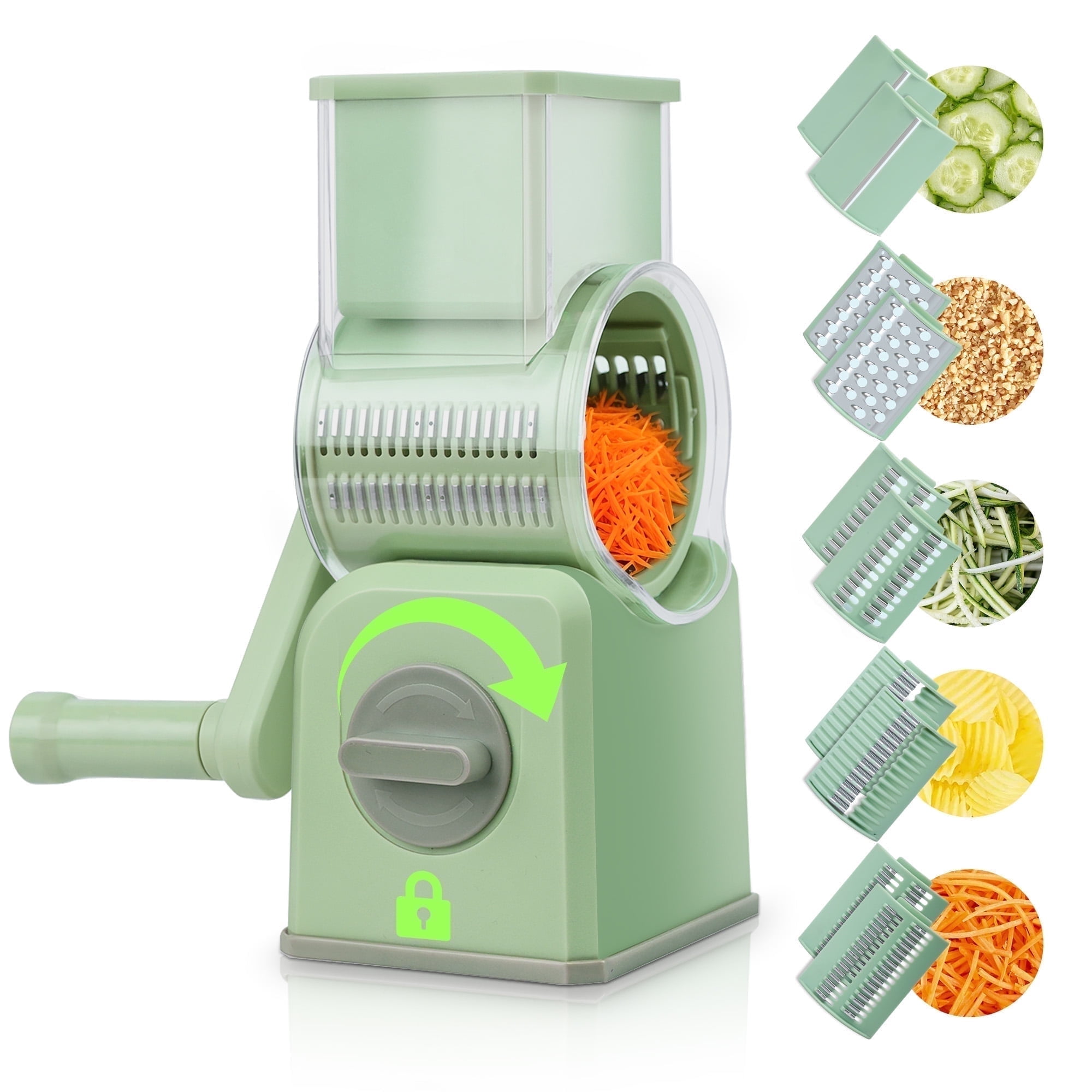 M Buder Rotary Cheese Grater with 5 Interchangeable Blades, Hand Crank Cheese Shredder, Mandoline Slicer, Suction Base, Green - Walmart.com