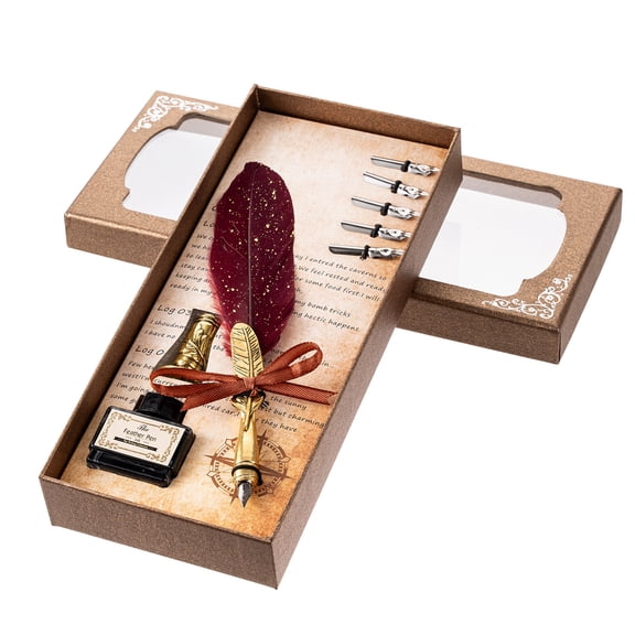 M Buder Royal Wine Red Quill Pen and Ink Set, Luxury Feather Dip Handwriting Pen with 5 Replaceable Nibs, Matching Pen Base & Liquid Ink Bottle Calligraphy Gift Kit for Artists (11.02 x 4.72 in)