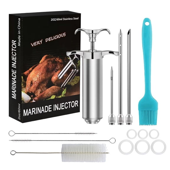 M Buder Stainless Steel Meat Injector Syringe Kit, Meat Injector with 3 Marinade Needles, Silicone & cleaning brush, Injector Marinades for Meat, Turkey, Brisket