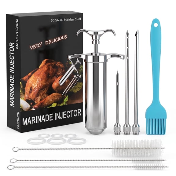 M Buder Stainless Steel Meat Injector Syringe Kit, Meat Injector with 3 Marinade Needles, Silicone & Cleaning brush, Injector Marinades for Meat, Turkey, Brisket