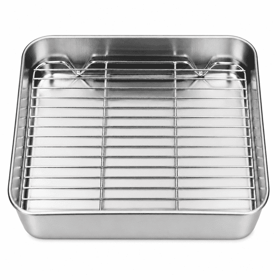 M Buder Stainless Steel Roasting Pan with Rack Set, 10.4" Rectangular Small Roaster Pan for Oven,Dishwasher Safe Bakeware