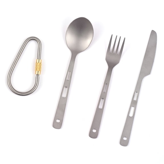 M Buder Titanium Camping Cutlery Set 4-Piece Knife Fork Spoon Mess Kit with Carabiner Ultra-Lightweight Tableware for Backpacking Hiking Travel 9.84 inches / 25 cm
