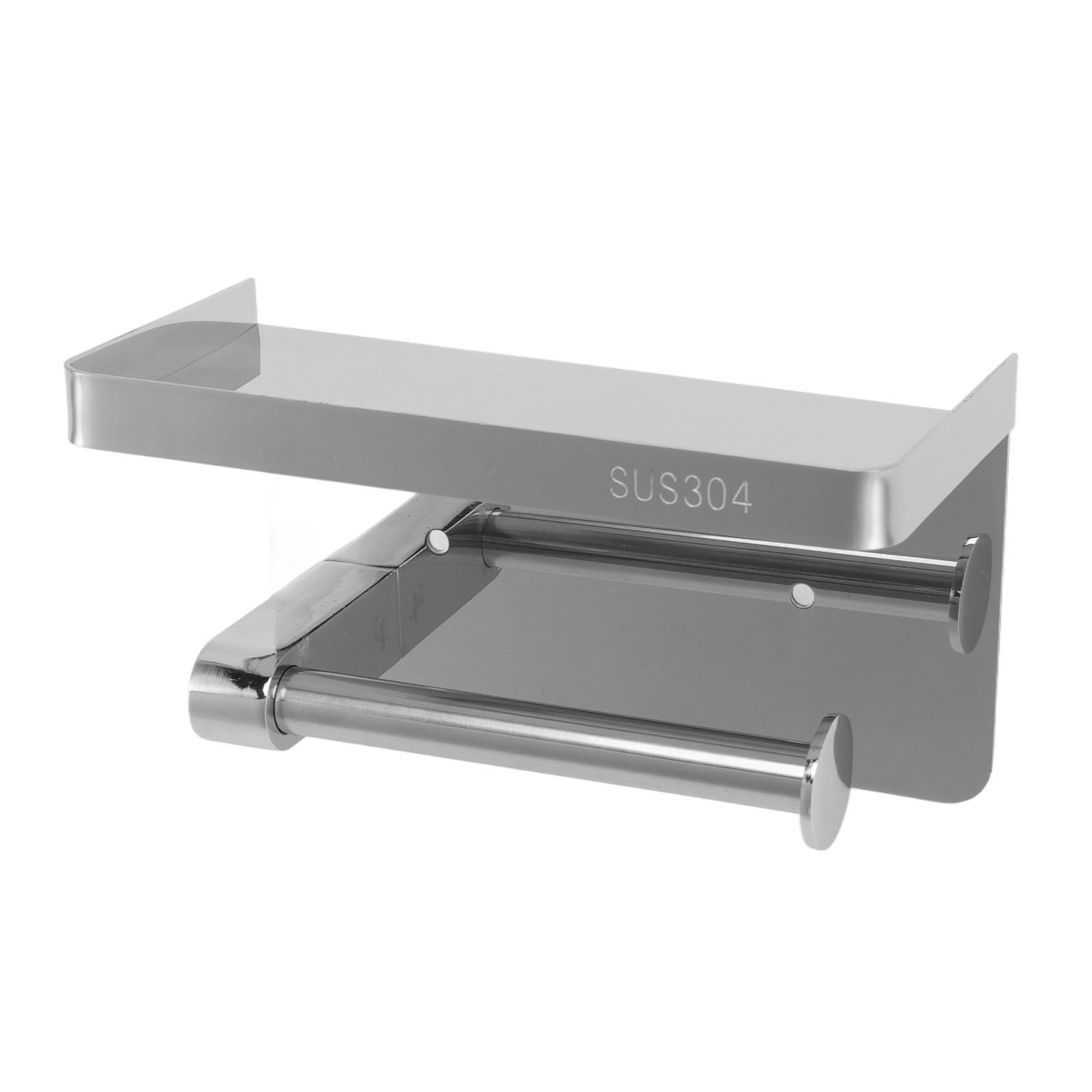 M Buder Toilet Paper Holder with Shelf, Wall Mounted Stainless Steel Tissue Roll Dispenser, Waterproof Storage Rack for Bathroom and Washroom, Silver (7.48 in / 19 cm)