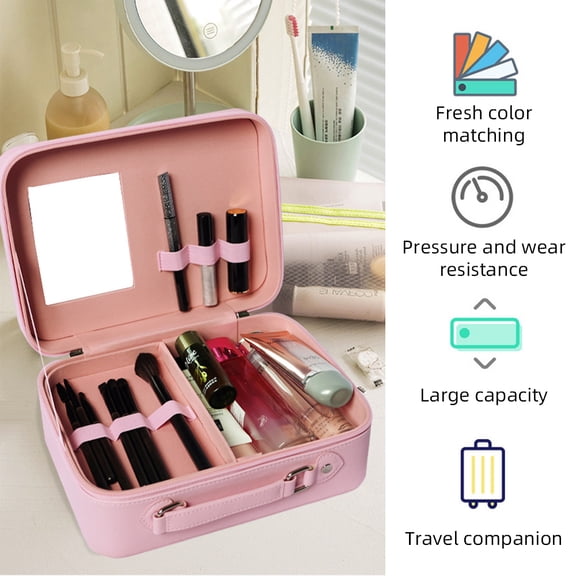 M Buder Travel Makeup Case with Mirror, Portable Waterproof PU Leather Cosmetic Train Case Large Capacity Desktop Storage Box Organizer for Makeup Brushes Toiletries, 9.8 x 7.3 x 3.9 Inches