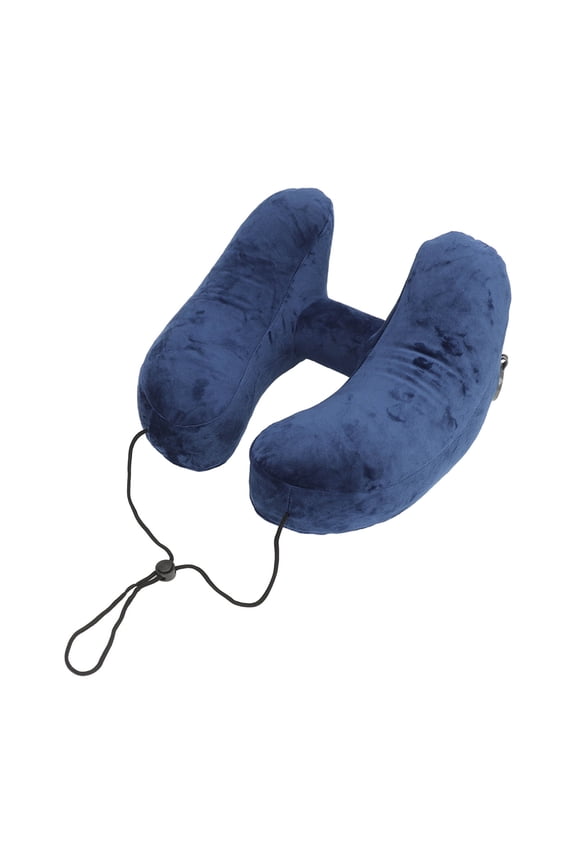 Travel Neck Pillow Hooded Design Ergonomic Support Skin Friendly Inflatable H-Shape Neck Pillow for Office Travel, Navy Blue