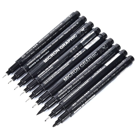 M Buder Ultimate Sketch Water Marker Pens with Black Ink, Metal Head Waterproof Line Drawing and Painting Tool for Animation, Calligraphy, and Hand Lettering, Professional Grade Art Set of 9