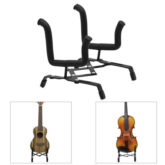 M Buder Universal Foldable Ukulele Violin Stand Bracket Adjustable Metal Holder Floor Rack with Soft EVA Cushioning Pads for Ukuleles Violins, Black, 6.7x6.6x1.8 inches / 17x16.8x4.5 cm