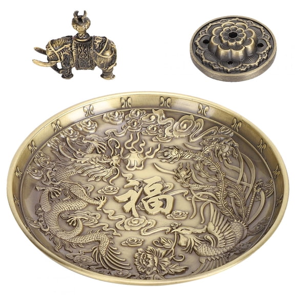 M Buder Vintage Bronze Incense Holder Dragon Phoenix Plate Stick Burner Set Lotus Elephant Stand For Home Worship Zen Decor Yoga Meditation Relaxation 4.3 inches / 10.8 cm High Quality Craftsmanship