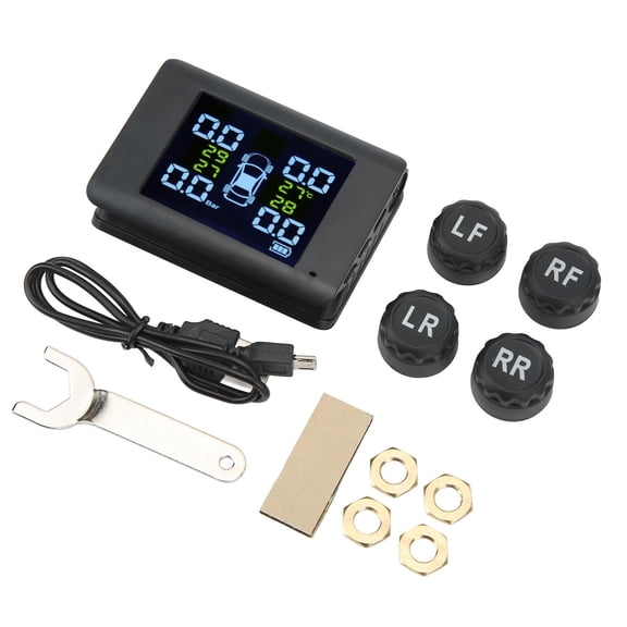 M Buder Wireless Tire Pressure Monitoring System with 4 External Sensors LCD Screen Display Loud Alarm TPMS Kit for Car, Truck, RV, and Motorhome Vehicles, 0-50 PSI, Black