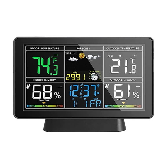 M Buder Wireless Weather Station Indoor Outdoor Thermometer 7.5 Inch Color LCD Atomic Clock with Barometer EU Plug Black (7.8 inches / 19.8 cm)