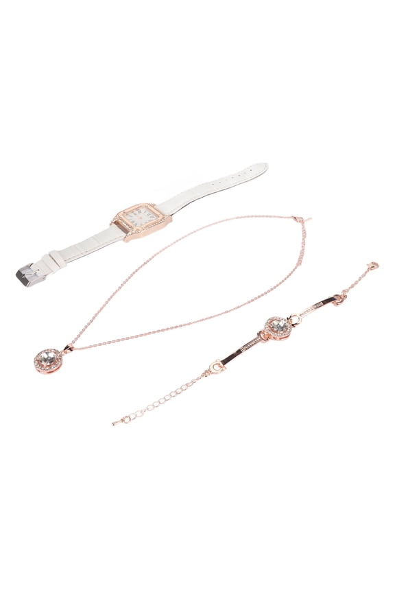 Women's White Glitter Quartz Watch Set with Elegant Rhinestone Bracelet and Necklace