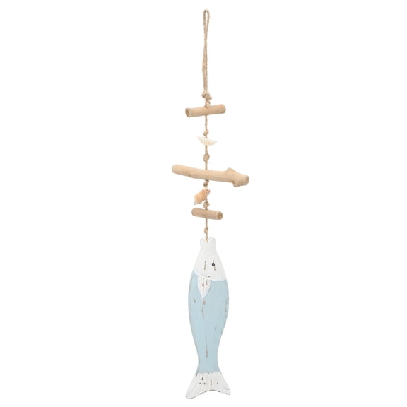 M Buder Wood Fish Decor Antique Engrave Safe Pine Wood Light Blue Hanging Nautical Fish with Shell Office Living Room 7.87 inches / 20 cm