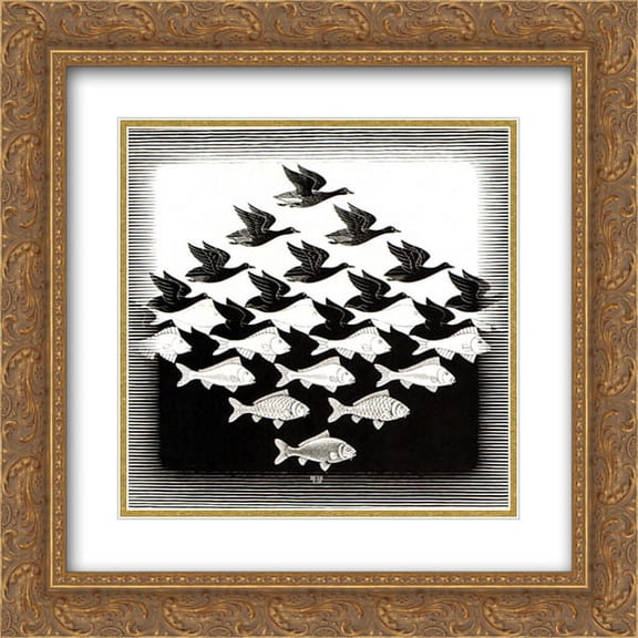 M.C. Escher 2x Matted 20x20 Gold Ornate Framed Art Print 'Sky and Water I'