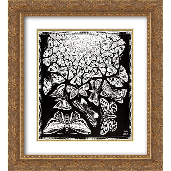M.C. Escher 2x Matted 20x22 Gold Ornate Framed Art Print 'Butterflies'