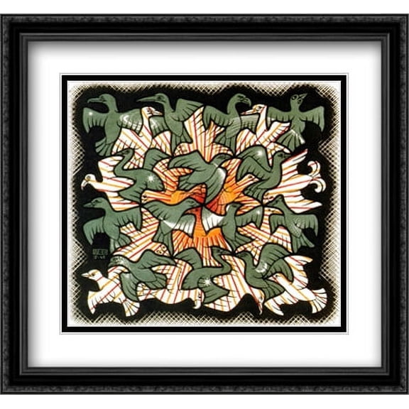 M.C. Escher 2x Matted 26x28 Black Ornate Large Framed Art Print 'Sun and Moon'