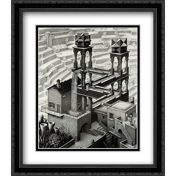 M.C. Escher 2x Matted 28x32 Black Ornate Large Framed Art Print 'The Waterfall'