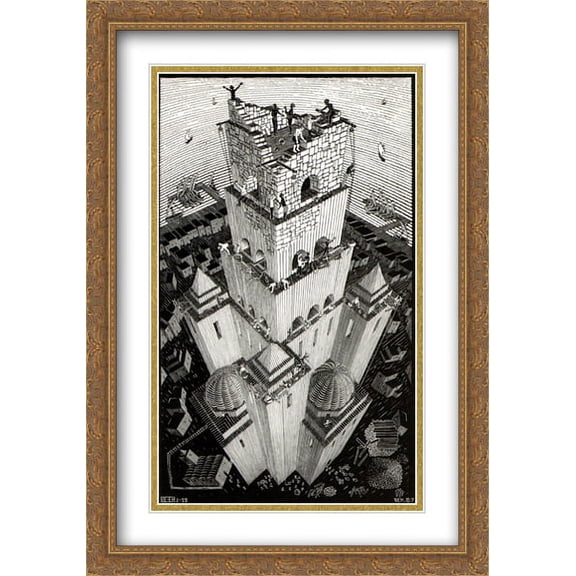 M.C. Escher 2x Matted 28x40 Gold Ornate Large Framed Art Print 'Tower of Babel'
