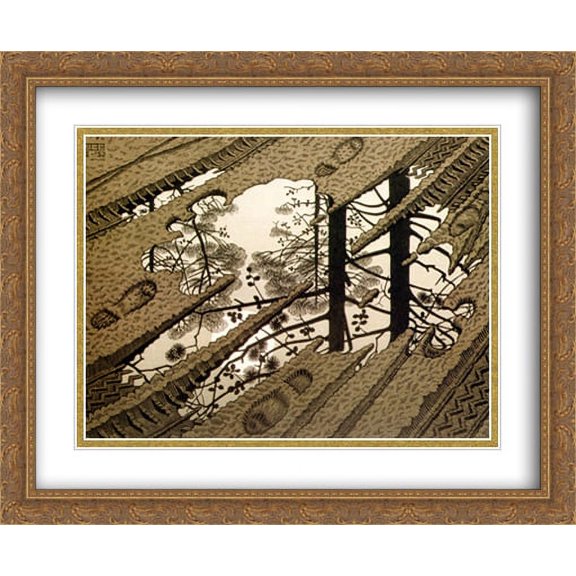 M.C. Escher 2x Matted 34x28 Gold Ornate Large Framed Art Print 'Puddle'