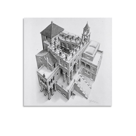 M.C. Escher Ascending And Descending Wall Art Poster Wall Art Poster Scroll Canvas Painting Picture Living Room Decor Home 28x28inch(70x70cm)