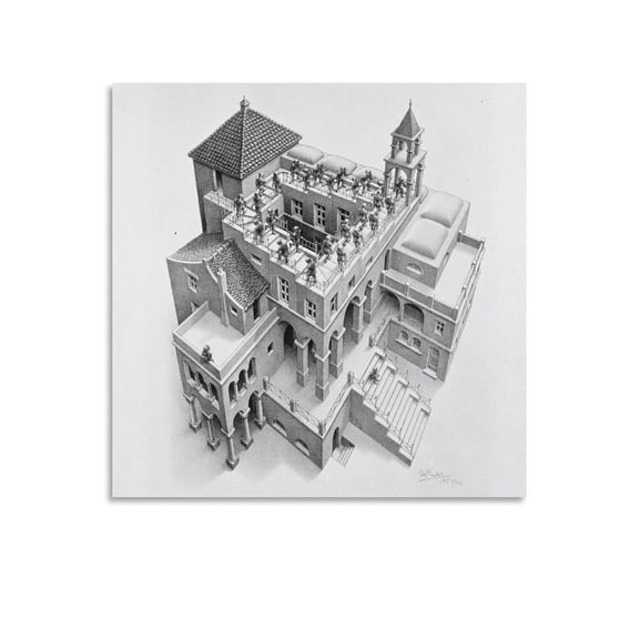 M.C. Escher Ascending And Descending Wall Art Poster Art Poster Canvas Painting Decor Wall Print Photo Gifts Home Modern Decorative Posters 12x12inch(30x30cm)