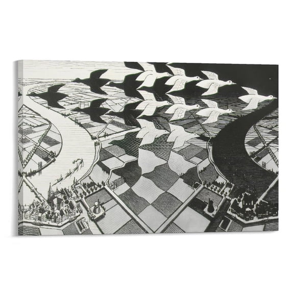 M.C. Escher Day And Night Wall Art Poster Canvas Poster Wall Art Picture Prints Hanging Photo Gift Decor Home Posters Artworks 12x18inch(30x45cm)