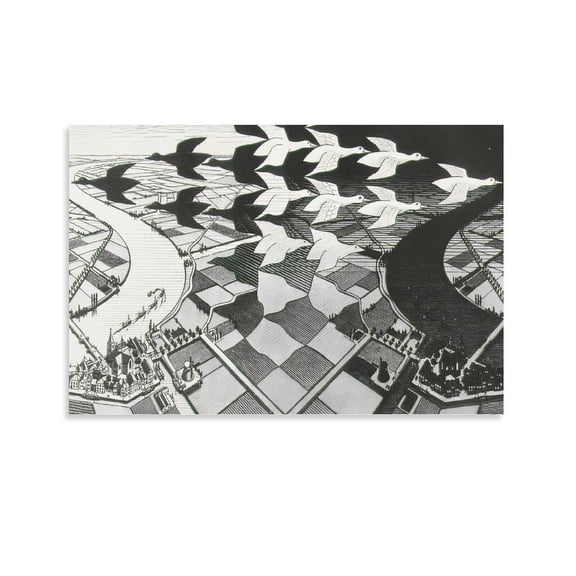 M.C. Escher Day And Night Wall Art Poster Artworks Picture Print Poster Wall Art Painting Canvas Gift Decor Home Posters Decorative 16x24inch(40x60cm)