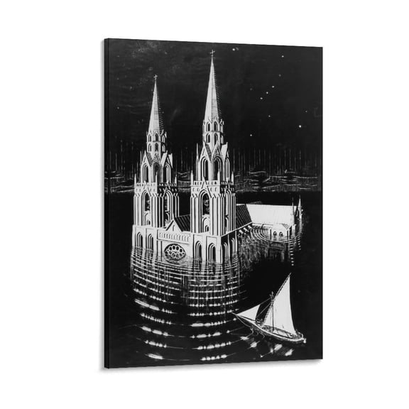 M.C. Escher The Drowned Cathedral Wall Art Poster Picture Print Canvas Poster Wall Paint Art Posters Decor Modern Home Artworks Gift 08x12inch(20x30cm)