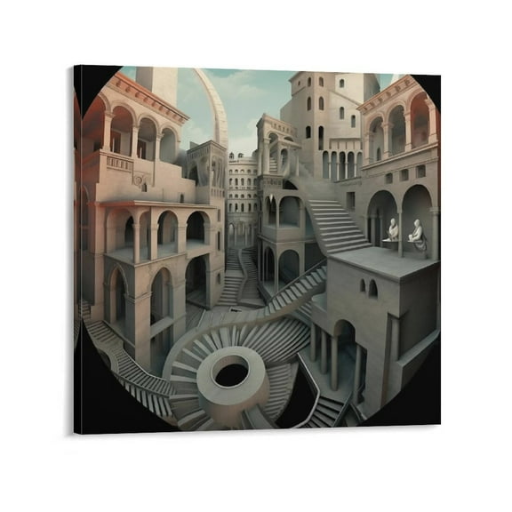 M.C. Escher Historic Site Wall Art Poster Painting On Canvas Wall Art Poster Scroll Picture Print Living Room Walls Decor Home Posters 28x28inch(70x70cm)
