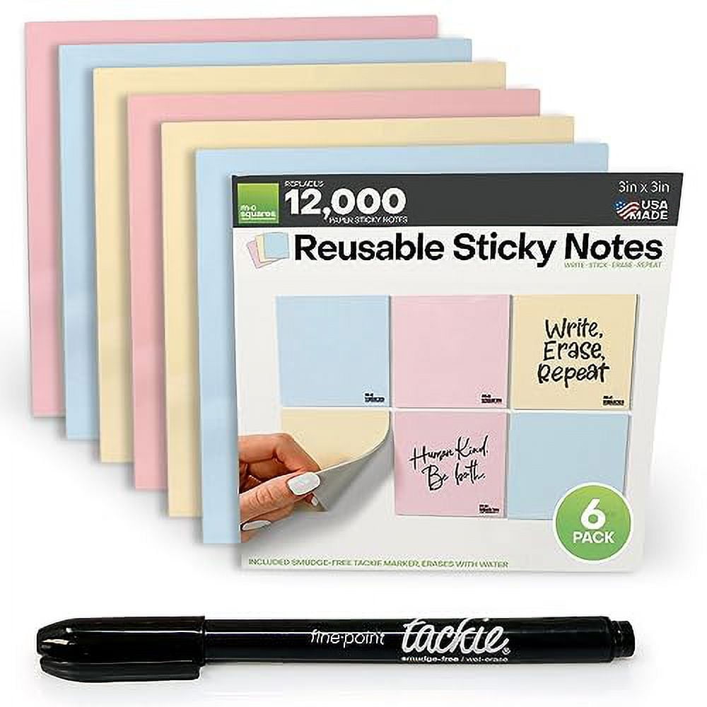 M.C. Squares Reusable Sticky Notes 3" x 3" 6 Pack of Colorful