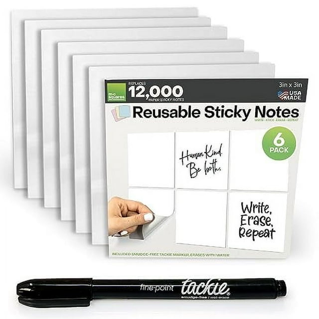 M.C. Squares Reusable Sticky Notes 3" x 3" 6 Pack of White Stickies